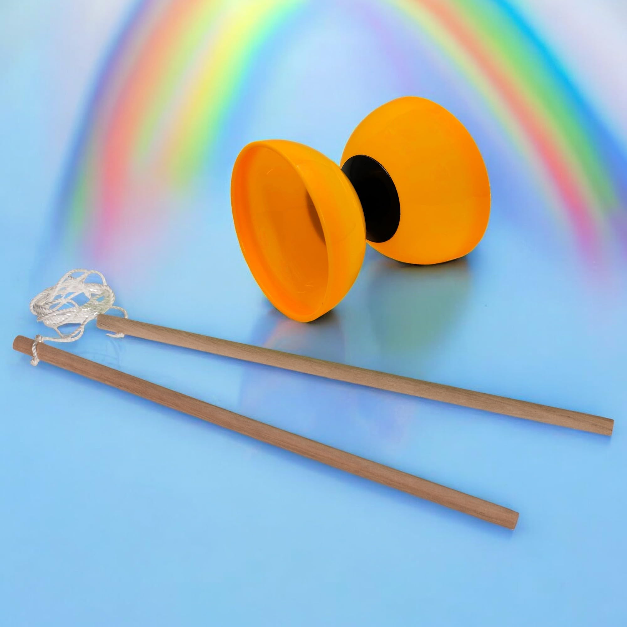 Kit Diabolo MIJOMA – 2 Baguettes Bois 35 Cm, Diabolo Plastique Souple 10x9 Cm, Couleurs Vives, Débutant à Pro