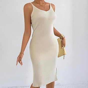 Amazon.com: Women's Ribbed Knit Sleeveless V Neck Tank Dress Casual  Stretchy Slim Fit Bodycon Midi Shift Dresses with Slit Hem Beige : Clothing,  Shoes & Jewelry