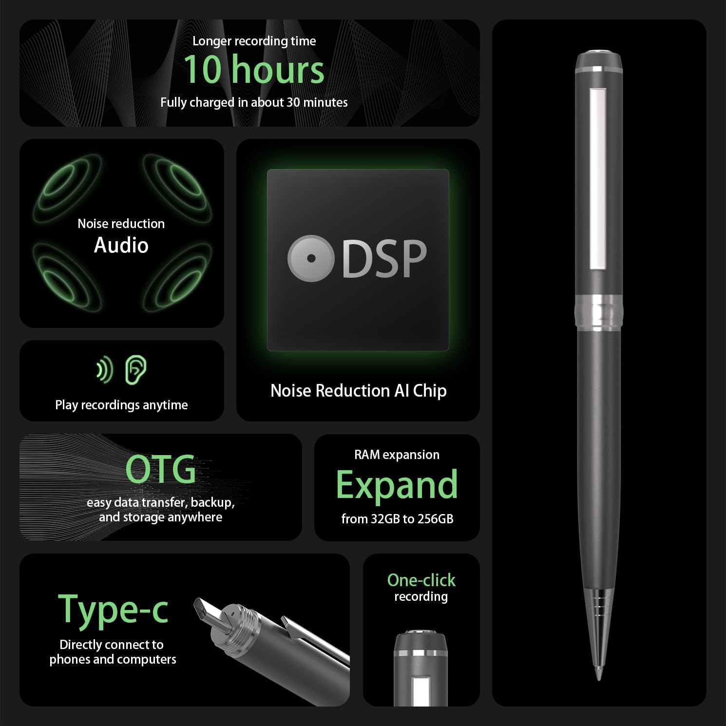 3 in1 Luxury Rollerball Pen，USB-C，USB Flash Drive，with Pen Design, with Smooth Writing, Medium Point Black Ink，Portable Memory Stick, Compatible with Laptop,Smartphones (Grey, 128GB)