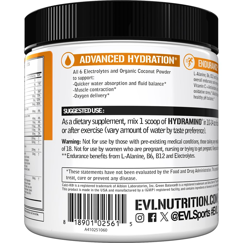 Evlution Nutrition HYDRAMINO Complete Hydration Multiplier, 6 Electrolytes, Vitamin C & B, Fluid Boosting Aminos, Coconut Water, Endurance, Recovery, Antioxidants, 30 Serve, Orange Mango (Dye Free) — Amazon image 4