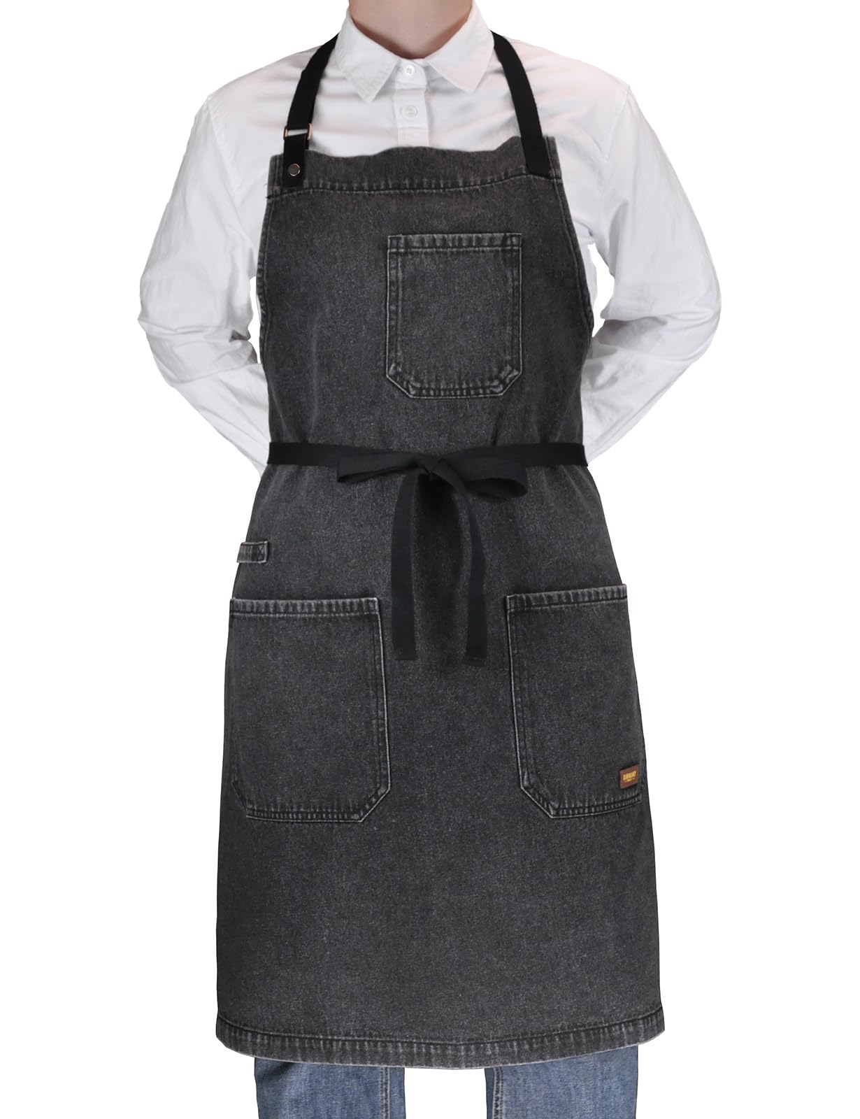 Delantal de chef profesional con bolsillos, delantal de mezclilla negro para cocina, cocina, parrilla, barbacoa, con lazo para toalla y correas ajustables para el cuello, Black Denim