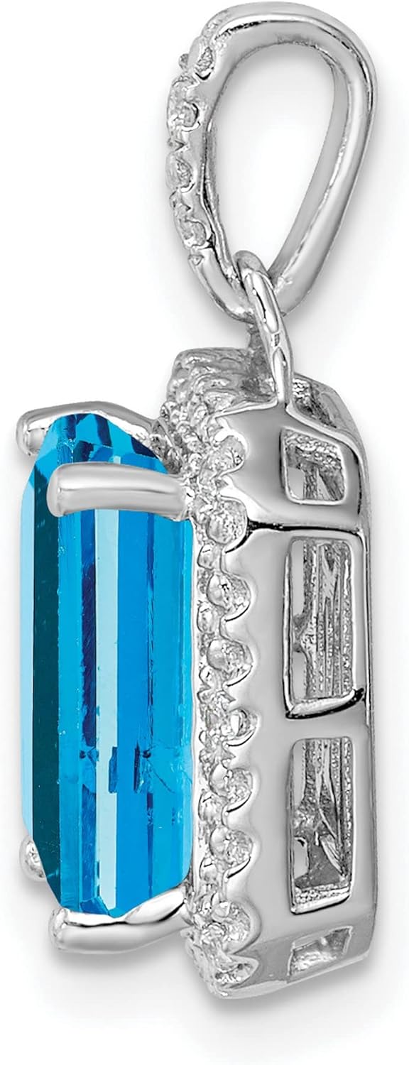 10k White Gold Emerald Cut Blue Topaz Pendant Necklace for Women with Halo Design, Accent Stones, Elegant Fine Jewelry for Everyday Wear, December Birthstone, Formal or Anniversary Necklace - Image 2