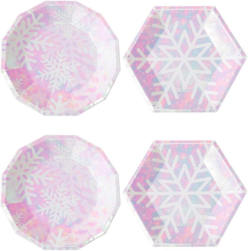 16 Pcs Christmas Snowflake Plates Snowflake Disposable Plates Christmas Tableware Supplies (9 IN Hexagon and Dodecagon)