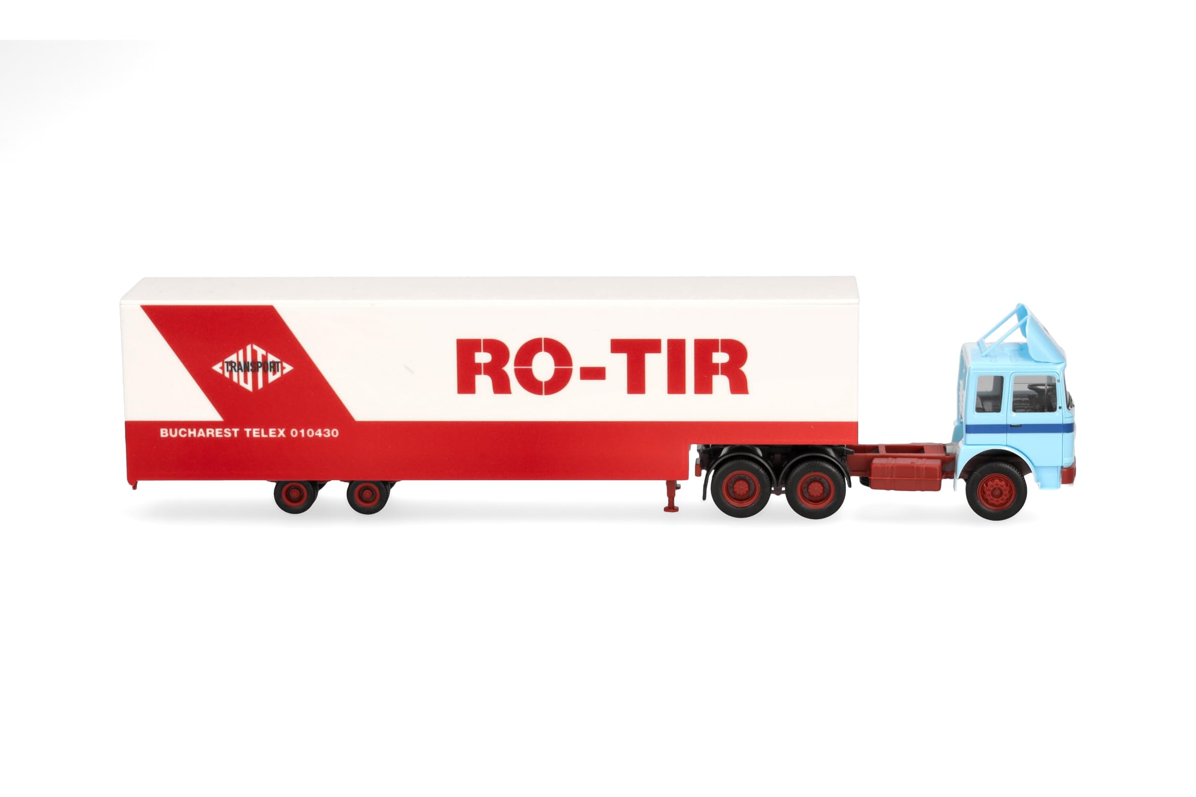 Herpa model ciężarówki Roman Diesel 6x4 zestaw z naczepą Jumbo „RO-TIR” (Rumunia), miniatura w skali 1:87, model kolekcjonerski, Made in Germany, tworzywo sztuczne