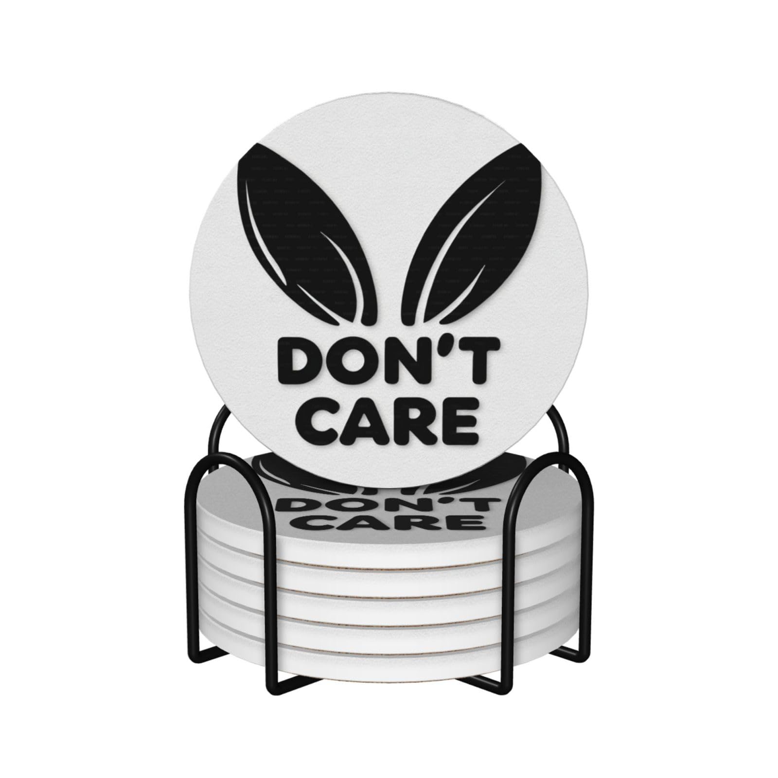 Bunny Ears Donâ€™t Care Ceramic Coasters with Holder 6ps