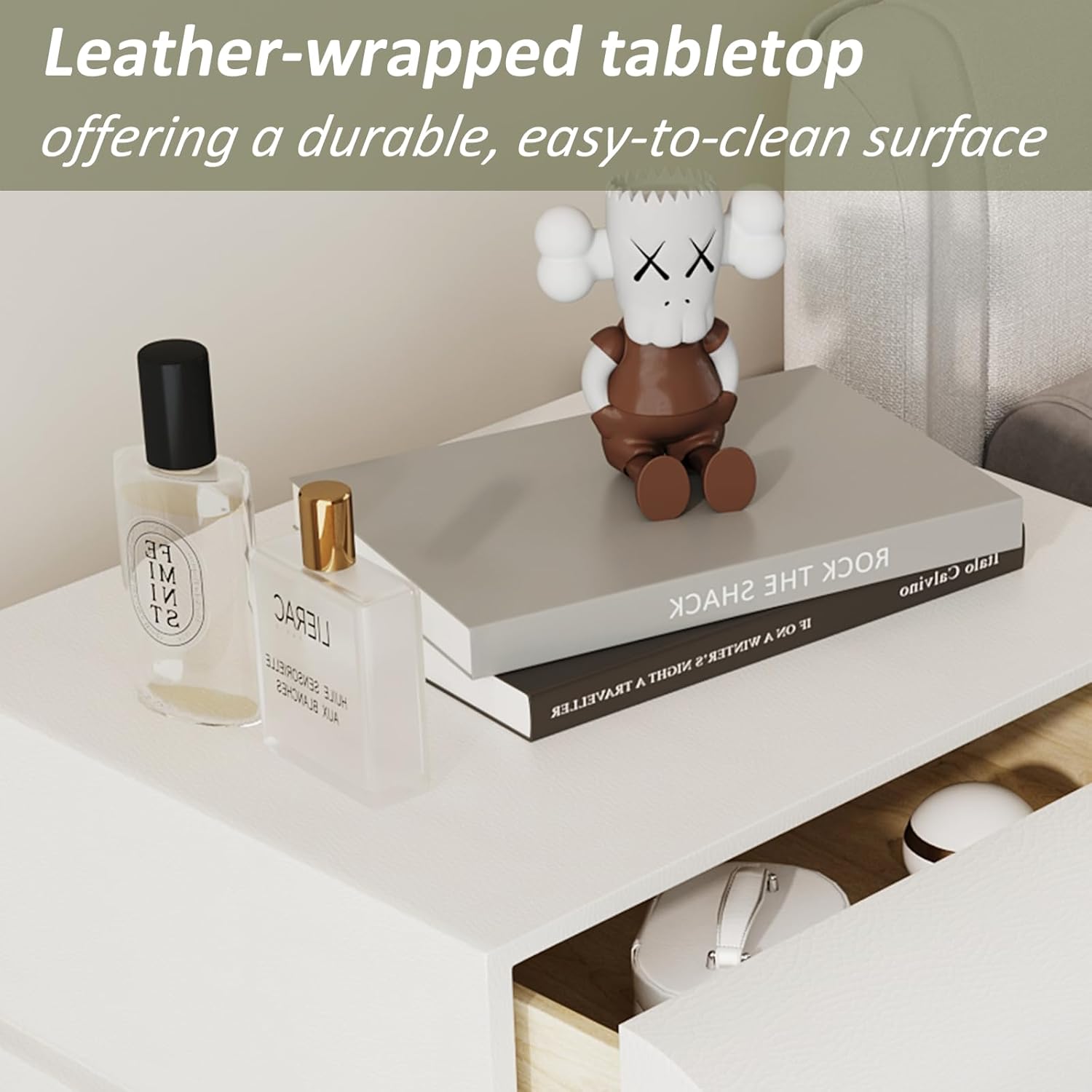 Mid-Century Modern Nightstand, Leather-Wrapped Bedside Table with 3 Spacious Solid Wood Drawers, Round Curved Design for Bedroom Decor