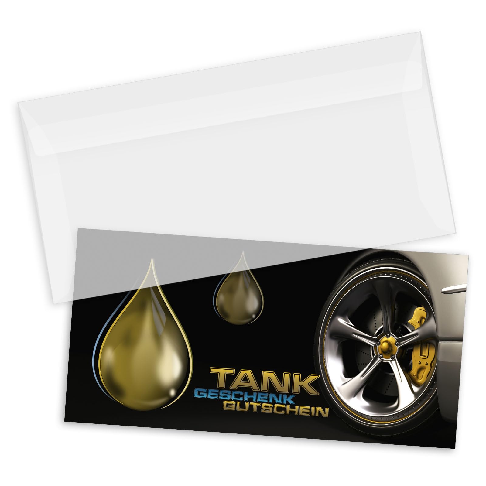 100 hochwertige Gutscheinkarten + 100 Kuverts DIN-Lang. Gutscheine für Tankstellen. Tankgutschein. Vorderseite hochglänzend. TK9225