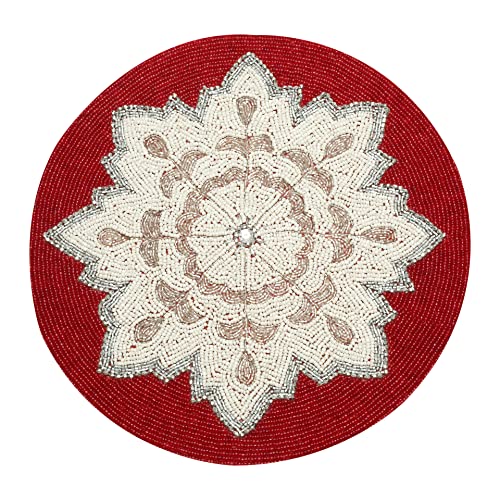 Beaded Placemat Set Of 2 - Snowflakes Round Hand Beaded Charger Placemat- White Red - 13 Inch Round- Hand Made By Skilled Artisans - A Beautiful Complement To Your Dinner Table Décor #TOP1
