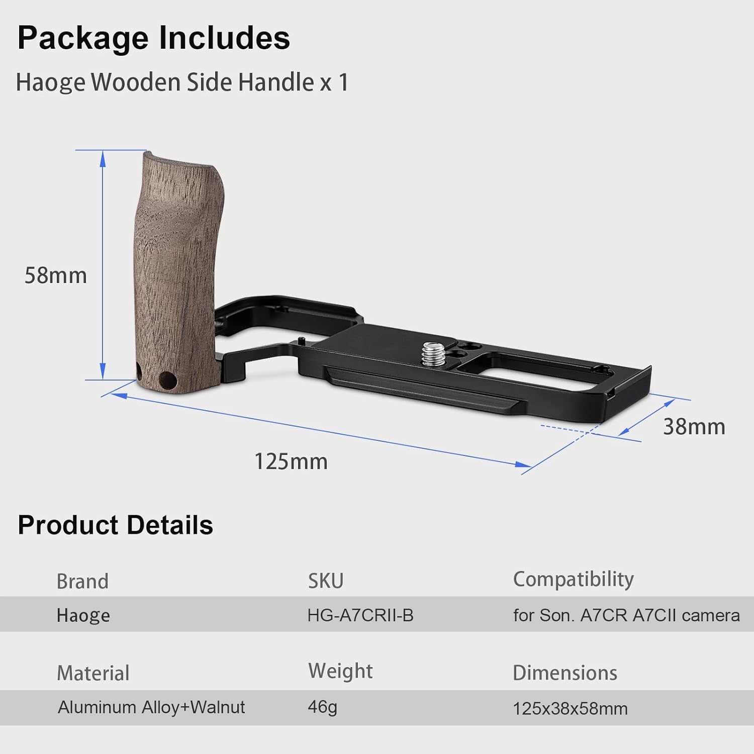 Haoge Wooden Side Handle for Sony A7CR a7cii Camera - Handgrip, L-Shape Bracket Grip with Built-in Arca Quick Release Plate & Battery Compartment Opening, Extra Tripod 1/4 Hole Black HG-A7CR-B