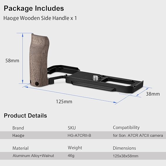 Haoge Wooden Side Handle for Sony A7CR a7cii Camera - Handgrip, L-Shape Bracket Grip with Built-in Arca Quick Release Plate & Battery Compartment Opening, Extra Tripod 1/4 Hole Black HG-A7CR-B