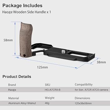 Haoge Wooden Side Handle for Sony A7CR a7cii Camera - Handgrip, L-Shape Bracket Grip with Built-in Arca Quick Release Plate & Battery Compartment Opening, Extra Tripod 1/4 Hole Black HG-A7CR-B