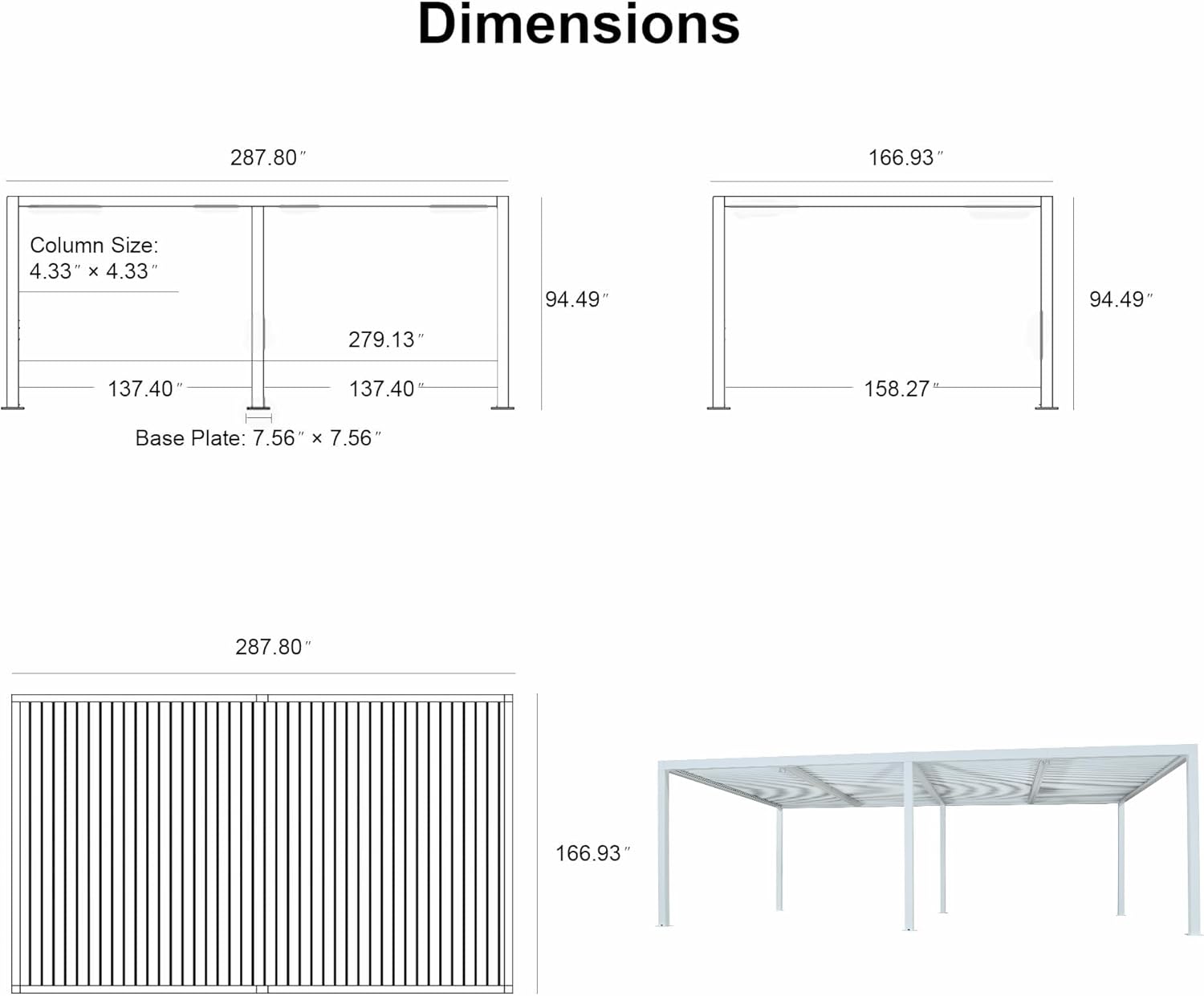 Technical drawing showing the dimensions of the PURPLE LEAF Louvered Pergola