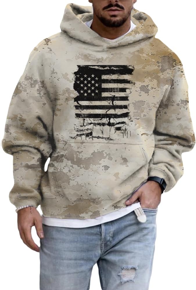 Camo Hoodies Men American Flag Printed Graphic Hooded Sweatshirt Long Sleeve USA Patriotic Vintage Pullover Tops