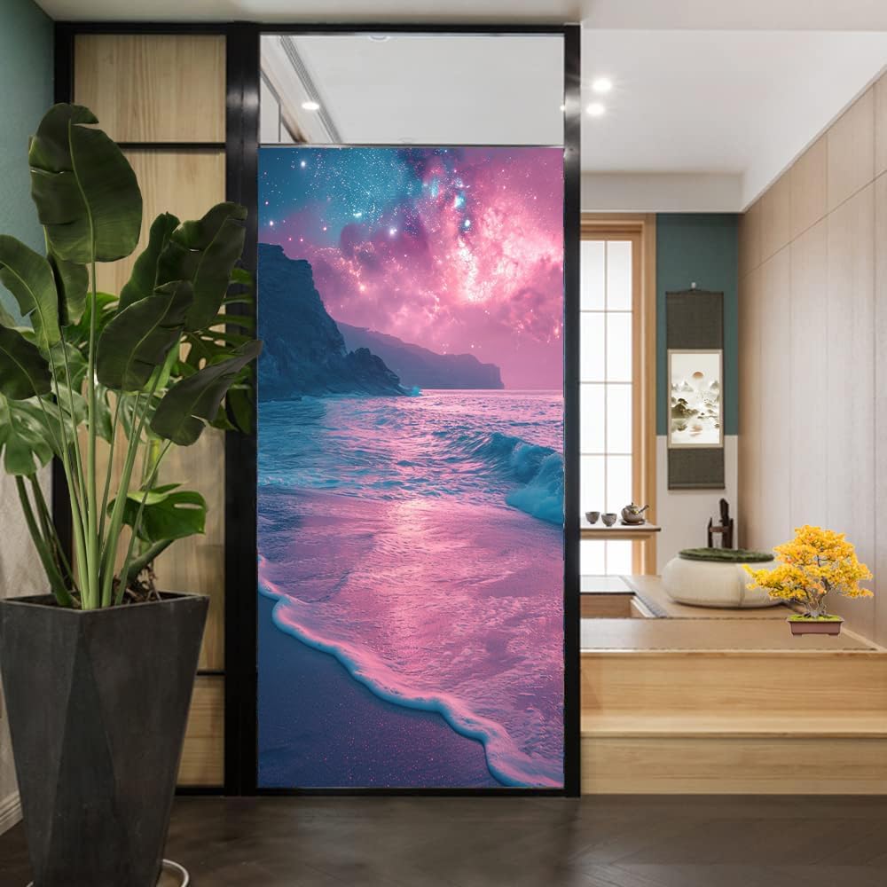 Fantasy Ocean Window Privacy Film Colorful Mystic Beach Modern Stained Glass Window Coverings Glass Sticker Frosted Window Film for Home Office Stores 35.4Wx55.1L inch