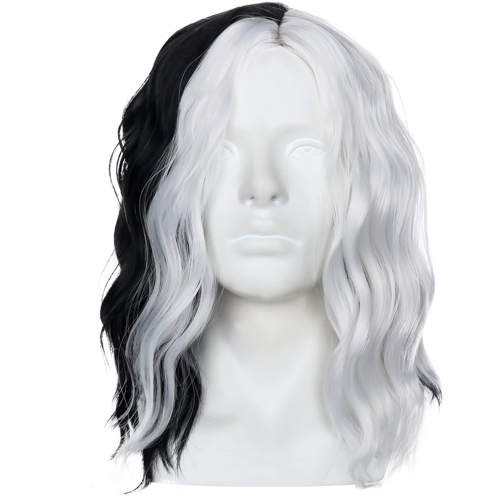 Curly Wig, Black White Bicolor, Short Wavy Curly Hair, Cos Witch Cruella de Vil Wig Suitable for Carnival Parties and Cosplay Party Costume Accessories（38 CM）