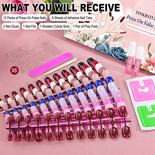 12 Solid Color Glossy Short Square False Press On Nails Pack #1, 288Pcs Acrylic Squoval Nail Tip Kit With Stickers Tabs, Prep Pads, Nail File And Cuticle Stick #TOP4
