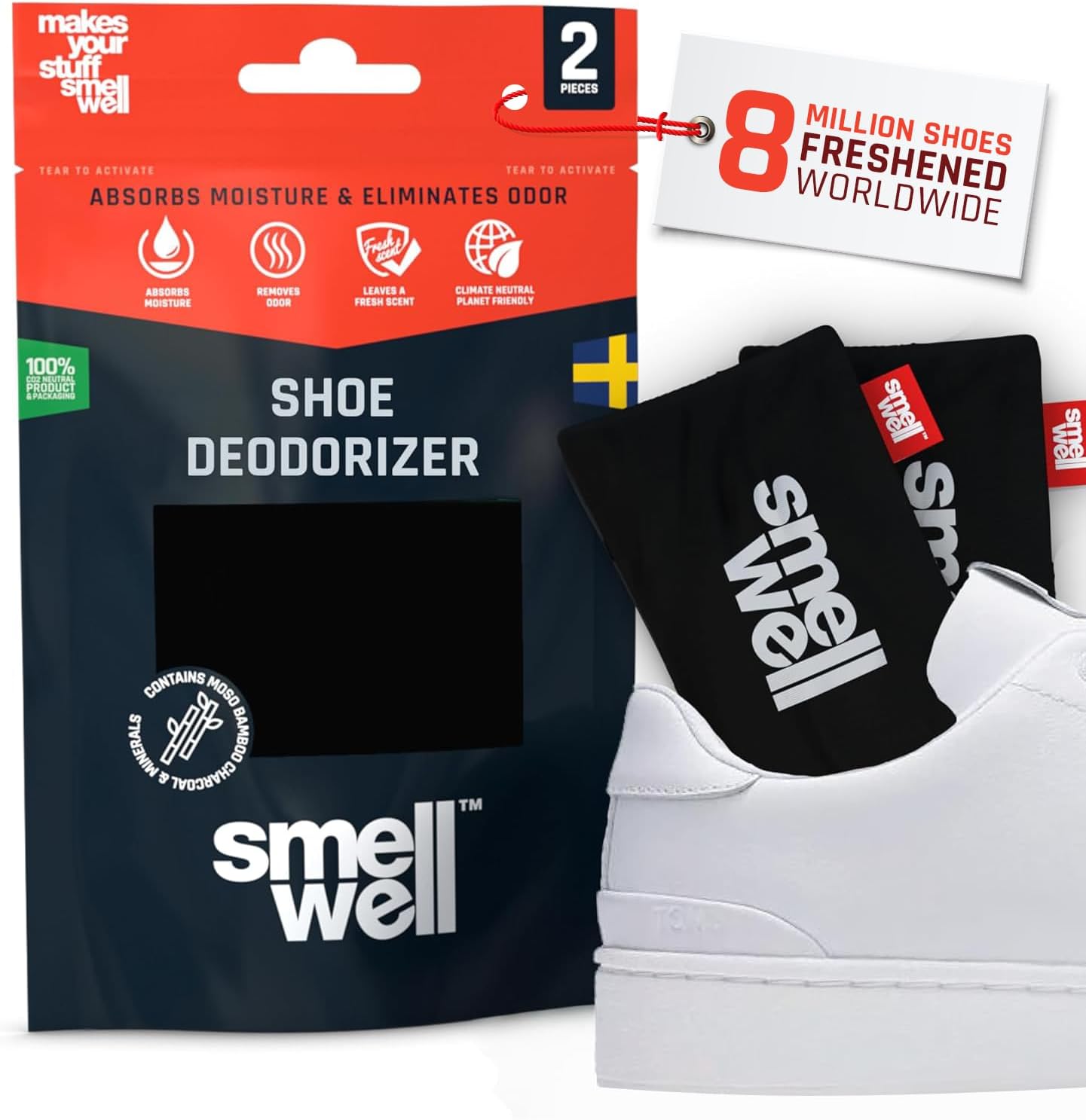 SmellWell - Scented Shoe Deodorizer Inserts - Odor Eliminators - Activated Bamboo Charcoal + Minerals - Natural Fresheners for shoes, bags, gloves - 2 x 1.8oz Original Size Black Zebra