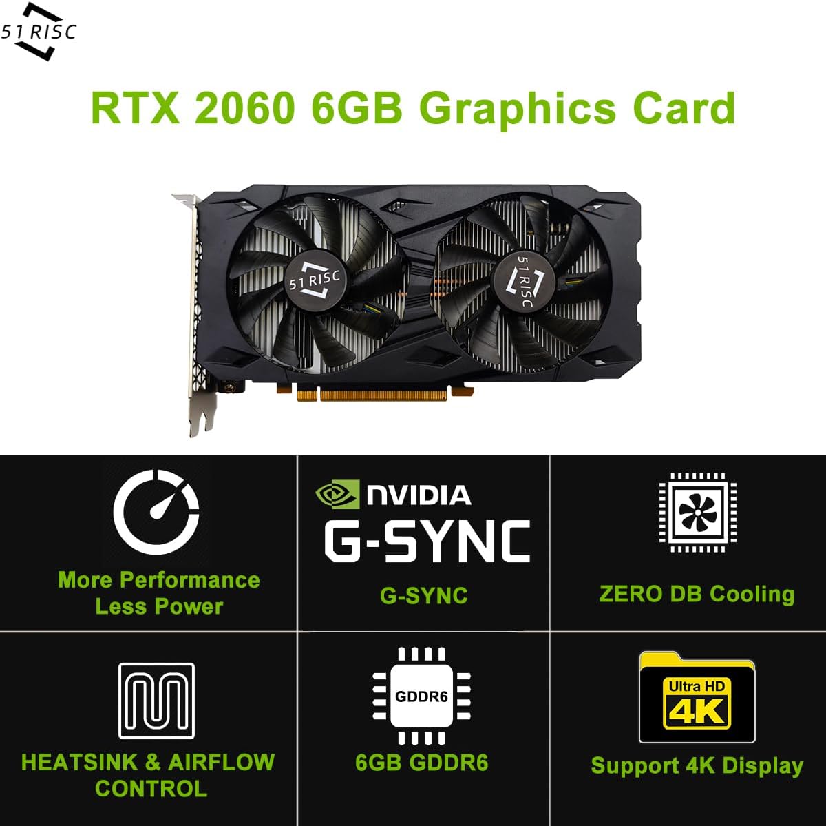 51RISC RTX 2060 Graphics Card, 6GB GDDR6 192-bit PCIe 3 x16 HDMI DisplayPort DVI Gaming Video Card for Desktop 1080p 2K AAA Games (RTX 2060 6GB) - Image 2