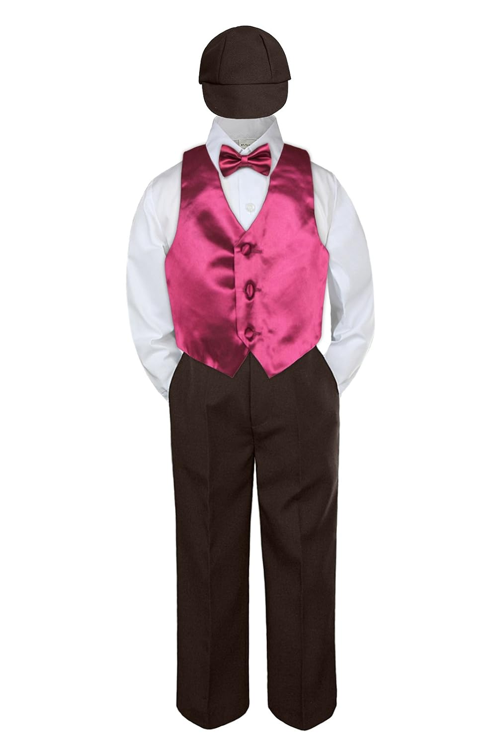 5pc Baby Toddler Boys Champagne Vest Bow Tie Brown Pants Hat Suit Outfits S-7 (Extra Large:(18-24 months))