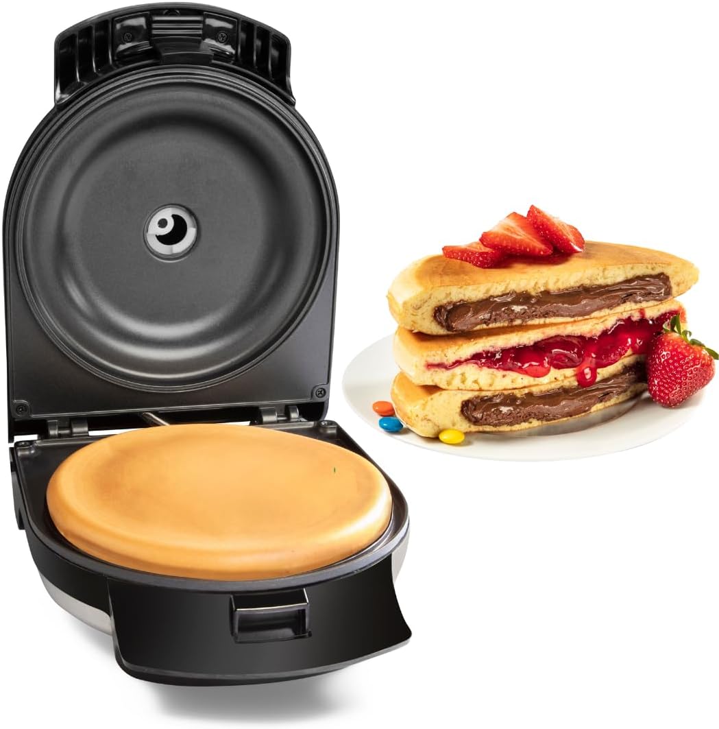 Electric Stuffed Pancake Maker- Make a GIANT Stuffed Waffle or Pan Cake in Minutes - Add Fillings for Delicious Breakfast or Dessert, Nonstick Baker Machine w Silicone Batter Funnel, Fun Unique Treat