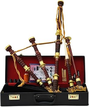 Scottish Highland Bagpipes Golden Engraved Brass Mounts, Black Velvet Cover, Traditional Musical Instrument, Free Hard Case for Storage & Travel