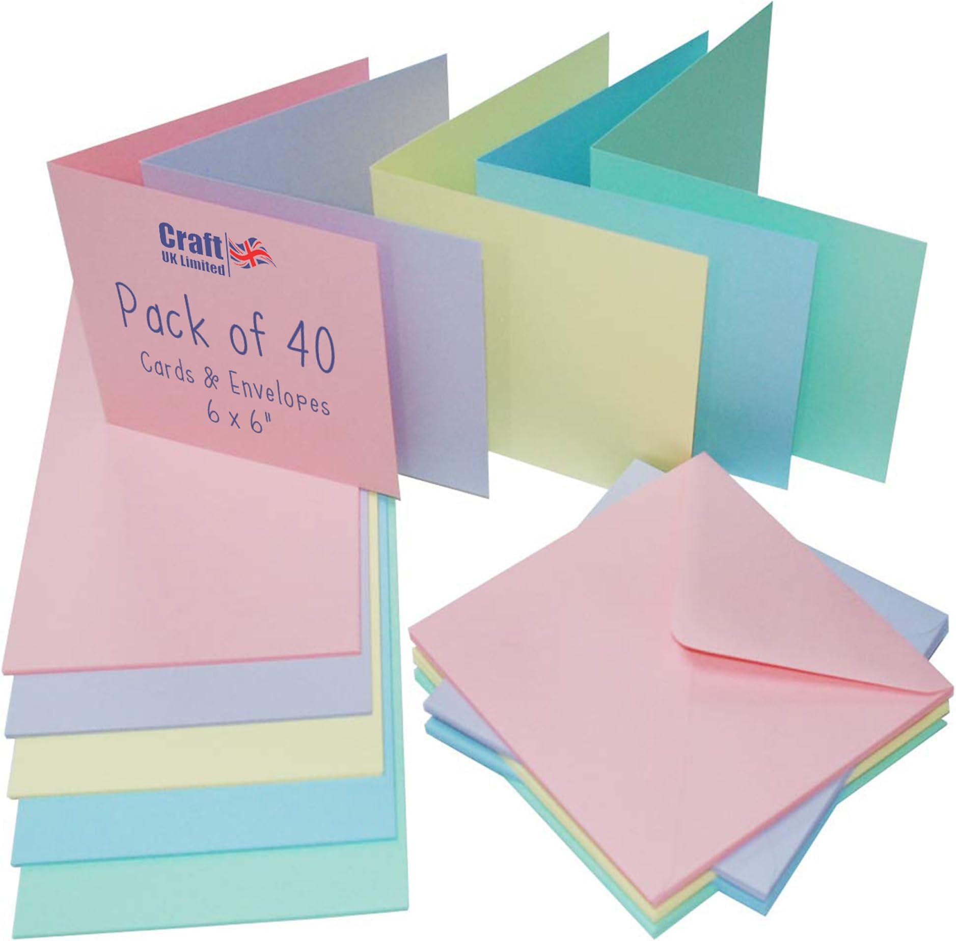 Craft UK, 40 Blank Cards and Envelopes for Card Making, 300gsm, Made in the UK, Lasting Quality, Mixed Pastels, 6 x 6-Inch
