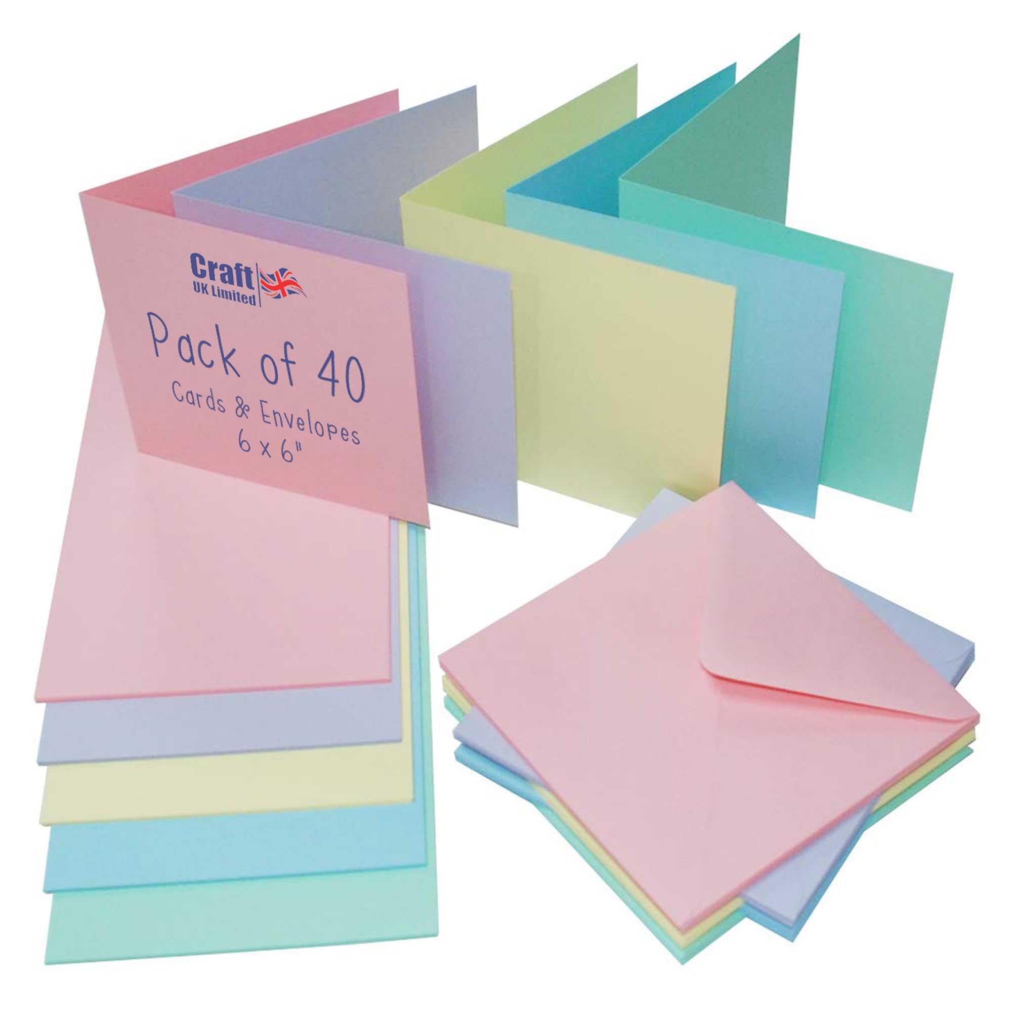 Craft UK, 40 Blank Cards and Envelopes for Card Making, 300gsm, Made in the UK, Lasting Quality, Mixed Pastels, 6 x 6-Inch