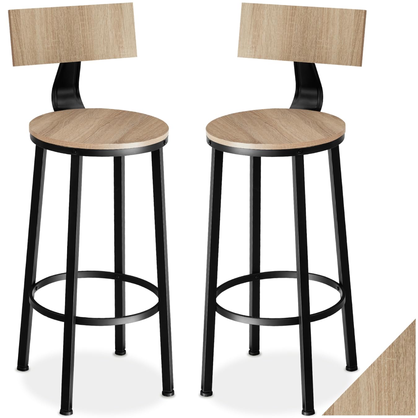 tectake® Taburete con Respaldo, Taburete Alto Cocina con Estructura de Acero, Taburetes Madera para Isla Cocina Resistentes, Sillas de Comedor - Set de 2 Madera Industrial Clara, Roble Sonoma