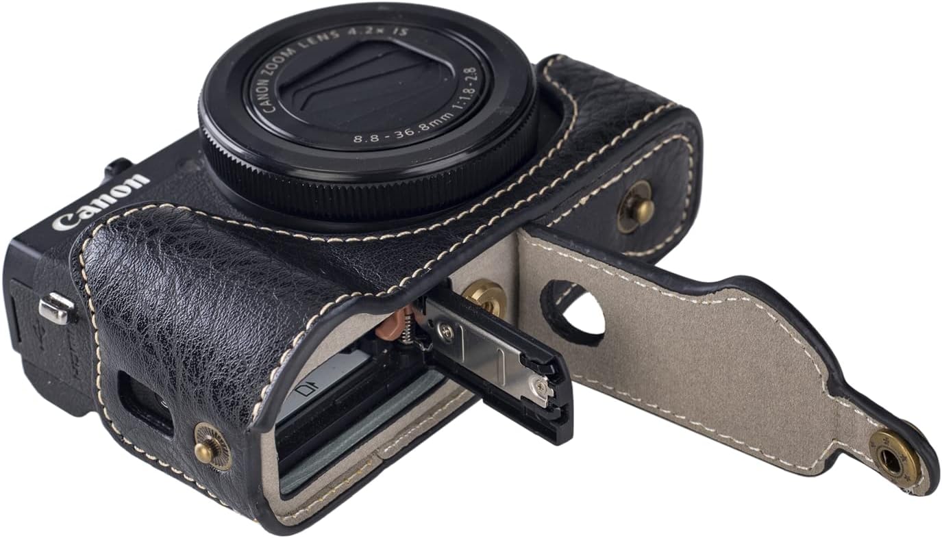 Premium PU Leather FullBody Camera Case Bag Cover for Canon PowerShot G7 X Mark II/Mark III G7X2 G7X3 With Neck Strap (Smooth Black)