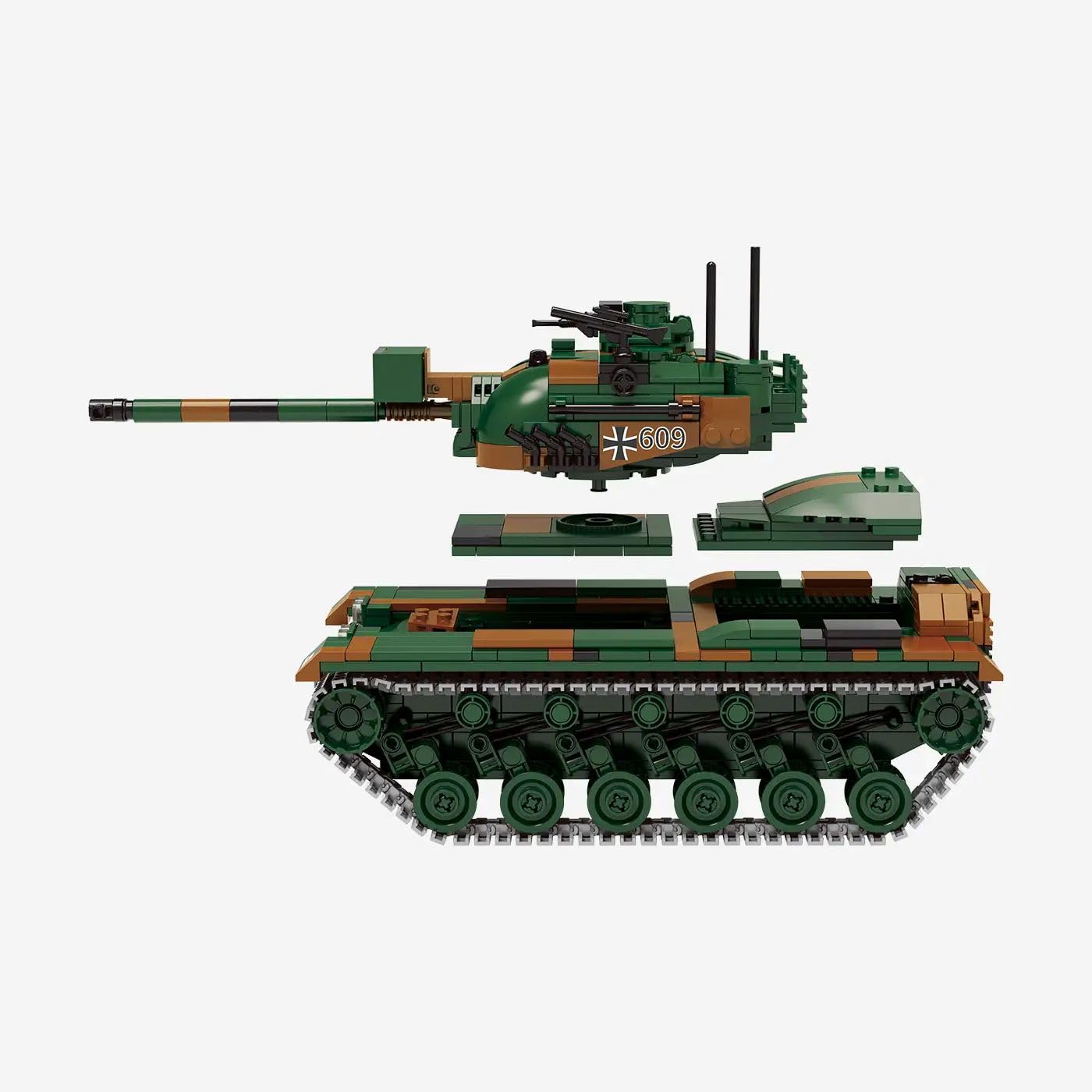 BlueBrixx Pro 109786 Kampfpanzer M48 A2, Bundeswehr, 1148 Klemmbausteine | 296 x 112 x 136 mm, Tarnmuster in Grün und Braun, zwei Antennen, Frontscheinwerfer, markantes Kettenlaufwerk