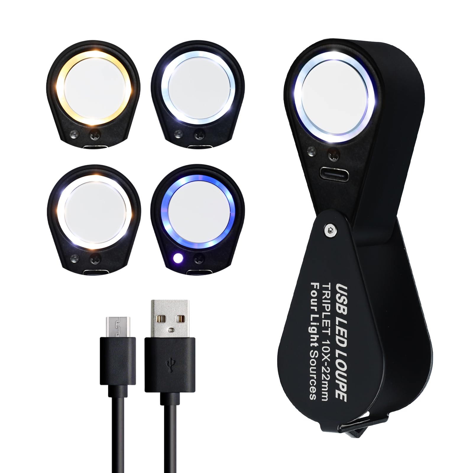 Juwelierlupe mit UV- und LED-Lichtern mit vier Lichtmodi, 22 mm, tragbar, faltbar, Schmucklupe für Schmuck, Steine, Münzen, 10 Stück (schwarz)
