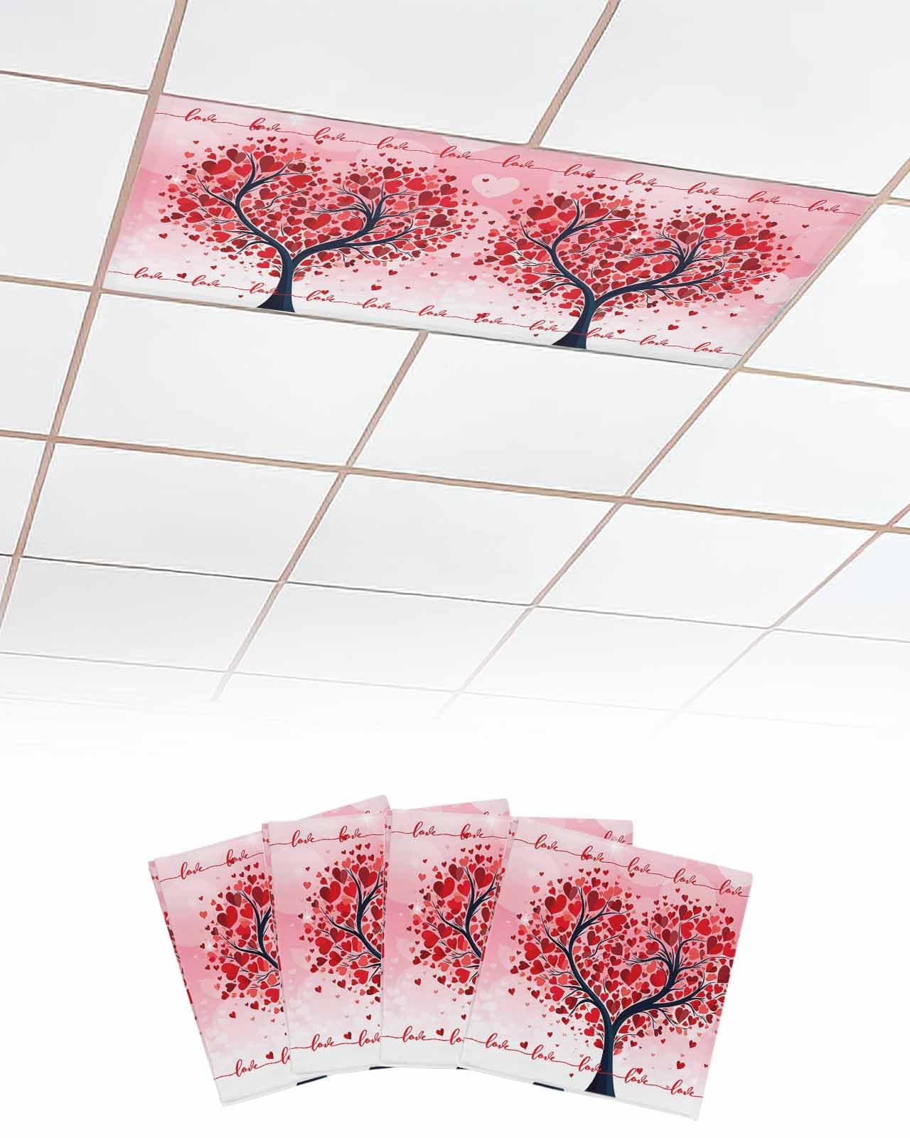 EwdeWwo Valentine's Day 4 Pcs Fluorescent Light Covers for Ceiling Lights, Love Heart Trees Pink Pattern Red Magnetic Light Filters for Eliminate Harsh Glare Classroom Office Decoration, 4 x 2 Ft