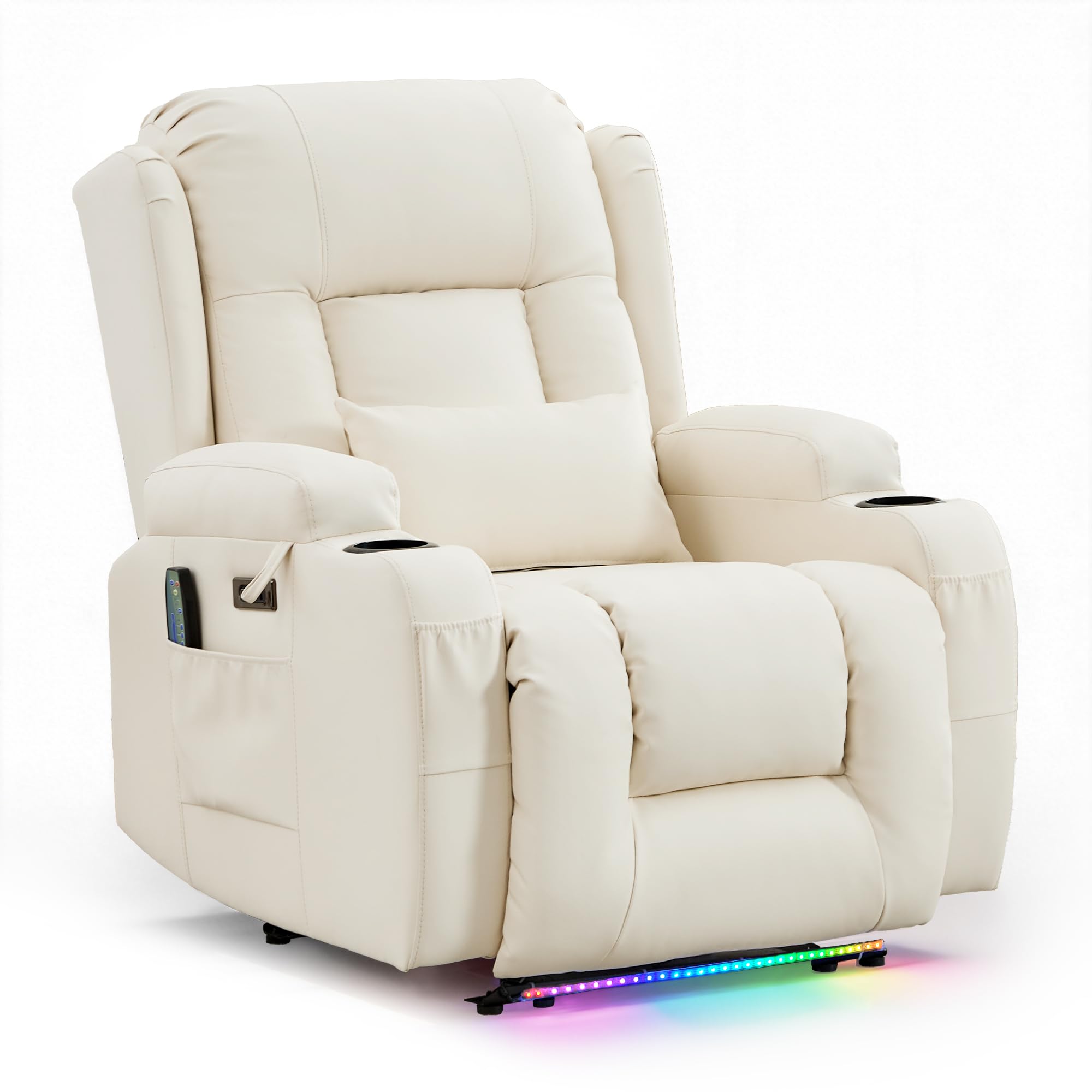 Relaxsessel mit Massage und Heizfunktion, Fernsehsessel Elektrisch Verstellbar, TV Sessel mit USB-Anschlüsse, Getränkehalter, Seitentaschen, Kunstleder (Cremeweiß)