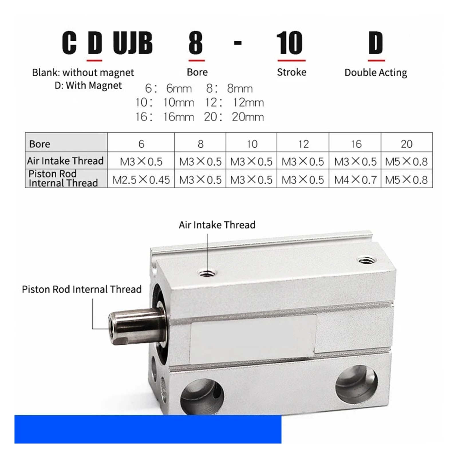 CDUJB/CUJB6 8 10 Mały Cylinder Pneumatyczny Bezpłatny Montaż Aluminiowe Cylindry Pneumatyczne Kwadratowe 10DX20D Precyzyjna Płynna Praca(CDUJB8,Stroke 30mm)