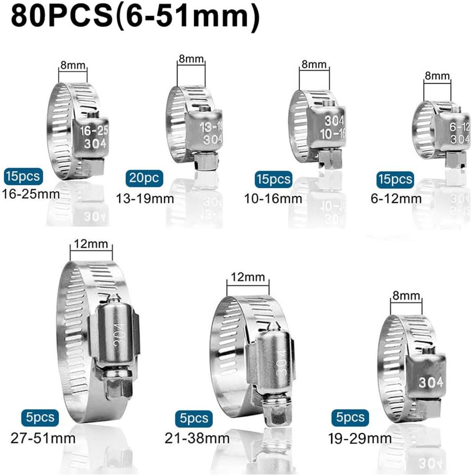 Hose Clamp Adjustable 6-70mm Pipes Clip Fixed Tool 304 Stainless Steel for Fuel Line Car Mechanical Application Garden Plumbing,20pcs(19,29mm)