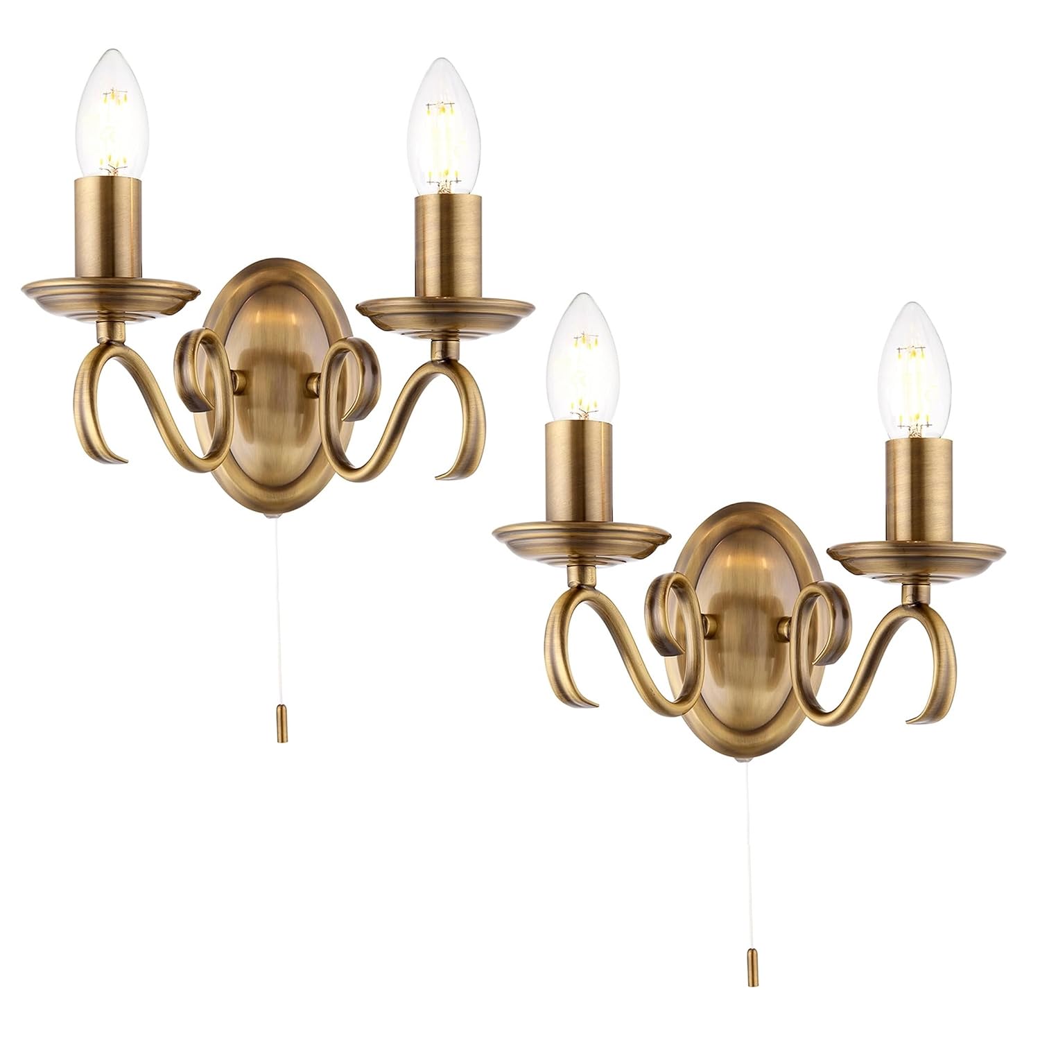 National Lighting Indoor Wall Light - Dimmable Twin Wall Lamp with Pull Chord Switch – Decorative Scrolled Arm Wall Sconce LED Wall Light for Bedroom Livingroom Dining-Room Hallway – Antique Brass x2