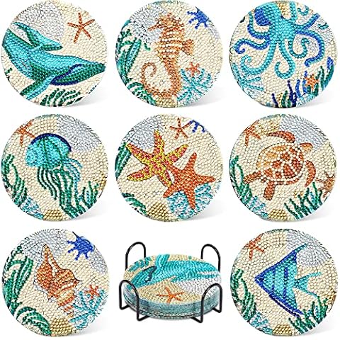 UPINS Ocean Diamond Art Painting Coaster Kit, 8Pcs DIY Crafts Kit with Holder, Non Slip Coaster Art Supplies for Adults, Ideal Christmas Gift Cover