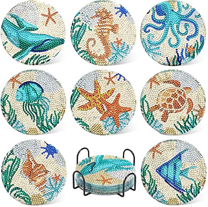 UPINS 8 Pieces Diamond Painting Coasters DIY Coasters Adult Kids Beginner Diamond Art Set Diamond Art Supplies (Ocean)