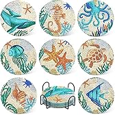 UPINS Ocean Diamond Art Painting Coaster Kit, 8Pcs DIY Crafts Kit with Holder, Non Slip Coaster Art Supplies for Adults, Ideal Christmas Gift