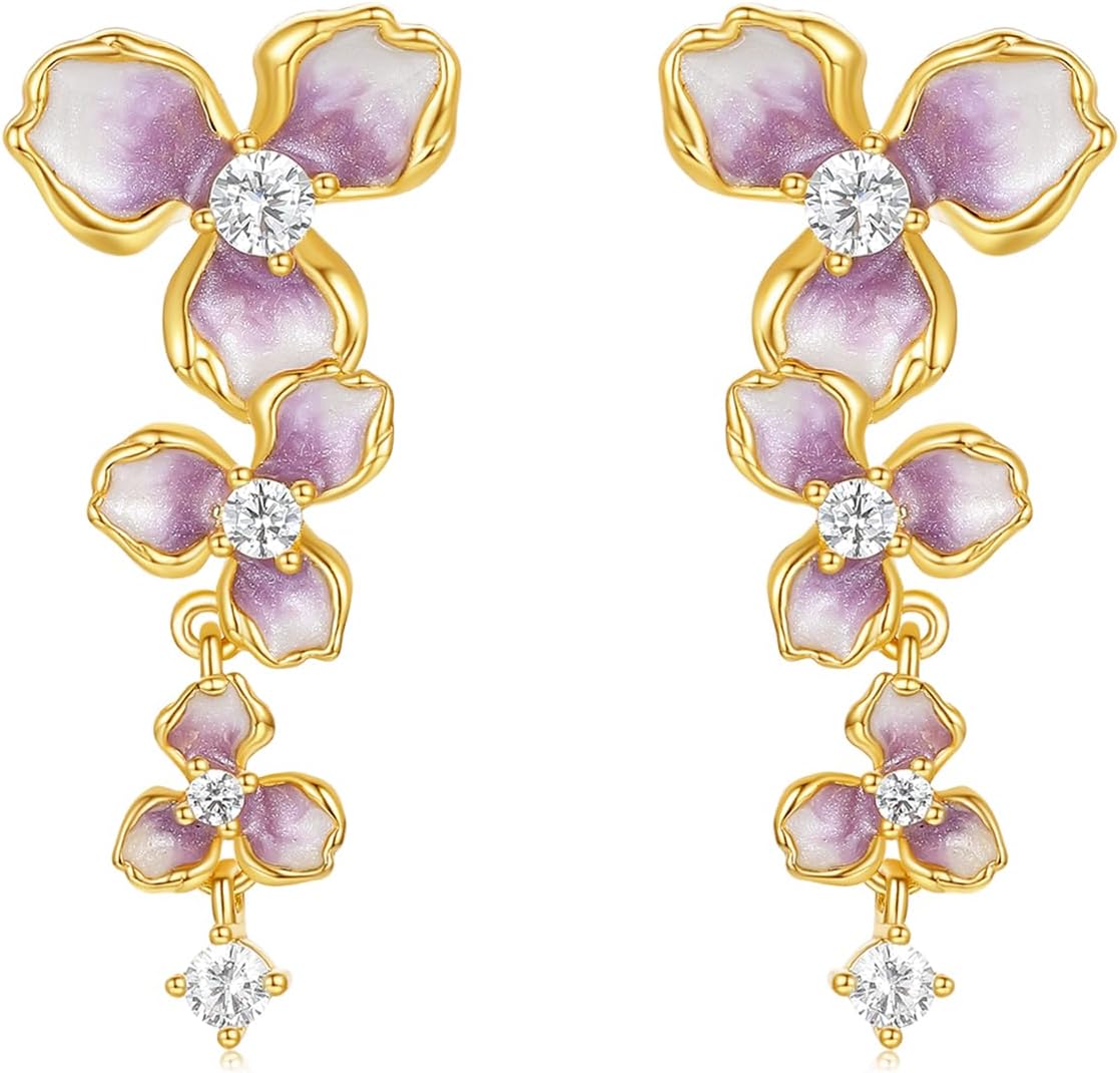 Sterling Silver Stud Earrings Purple Flower Drop Earrings Sterling Silver Cubic Zirconia Dangle Earrings Dainty Silver Jewelry for Women Mom Daughter Birthday Anniversary J0914608