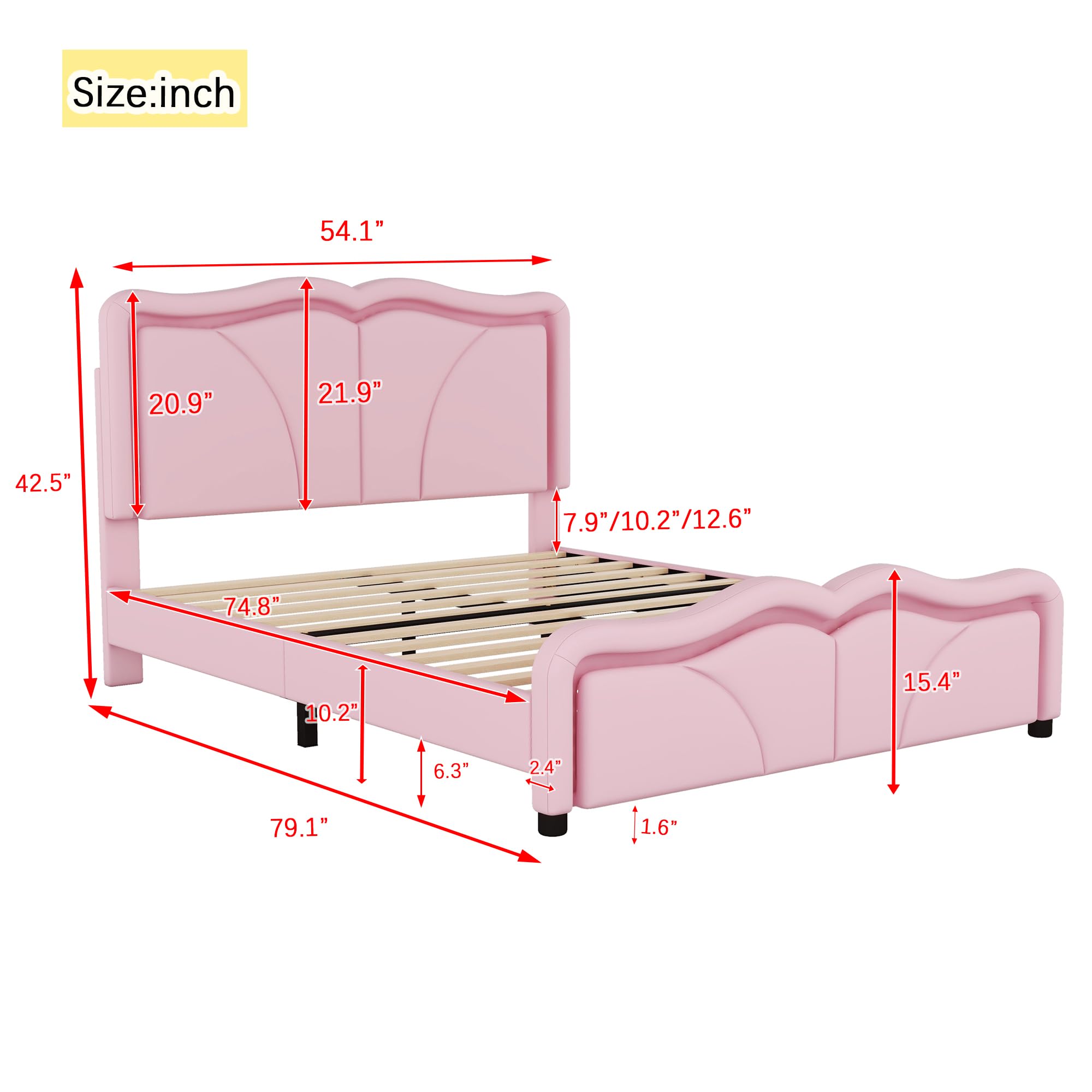 Full Size PU Upholstered Platform Bed,Bed Frame with LED Lights,Bedstead with Adjustable Headboard Height,Suitable for Kids Teenagers, Boys, Girls No Box Spring Needed, Easy Assembly (Pink, Full)