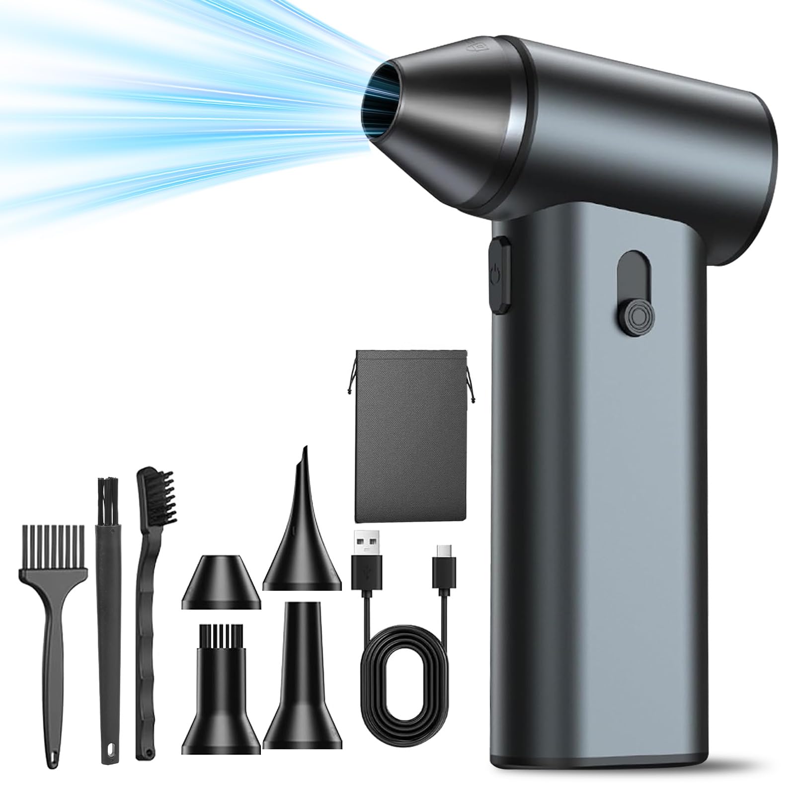 Souffleur Air Comprimé, Alliage d'aluminium 180000 TR/Min Souffleur PC Batterie 7800mAh, Ajustez à volonté Soufflette Air Comprimé, avec Kit de Brosses de Nettoyage, pour PC, claviers, voitures