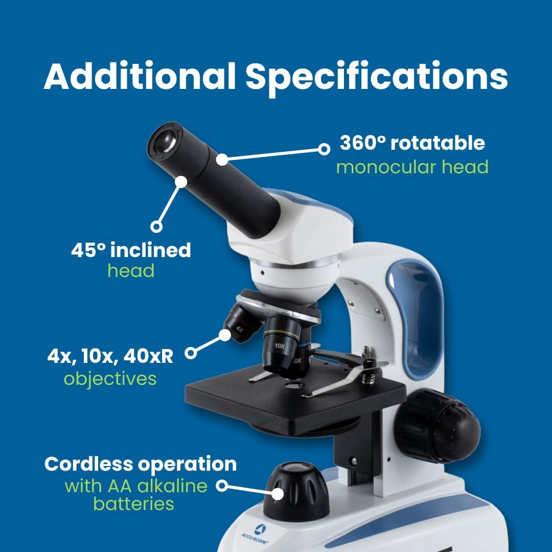 Accu-Scope Student Compound Microscope EXM-50 - Monocular Head, 40-400X Magnification, Course Focus, Cordless LED Illumination - Student Proof Biological Microscope for School Laboratory & Home