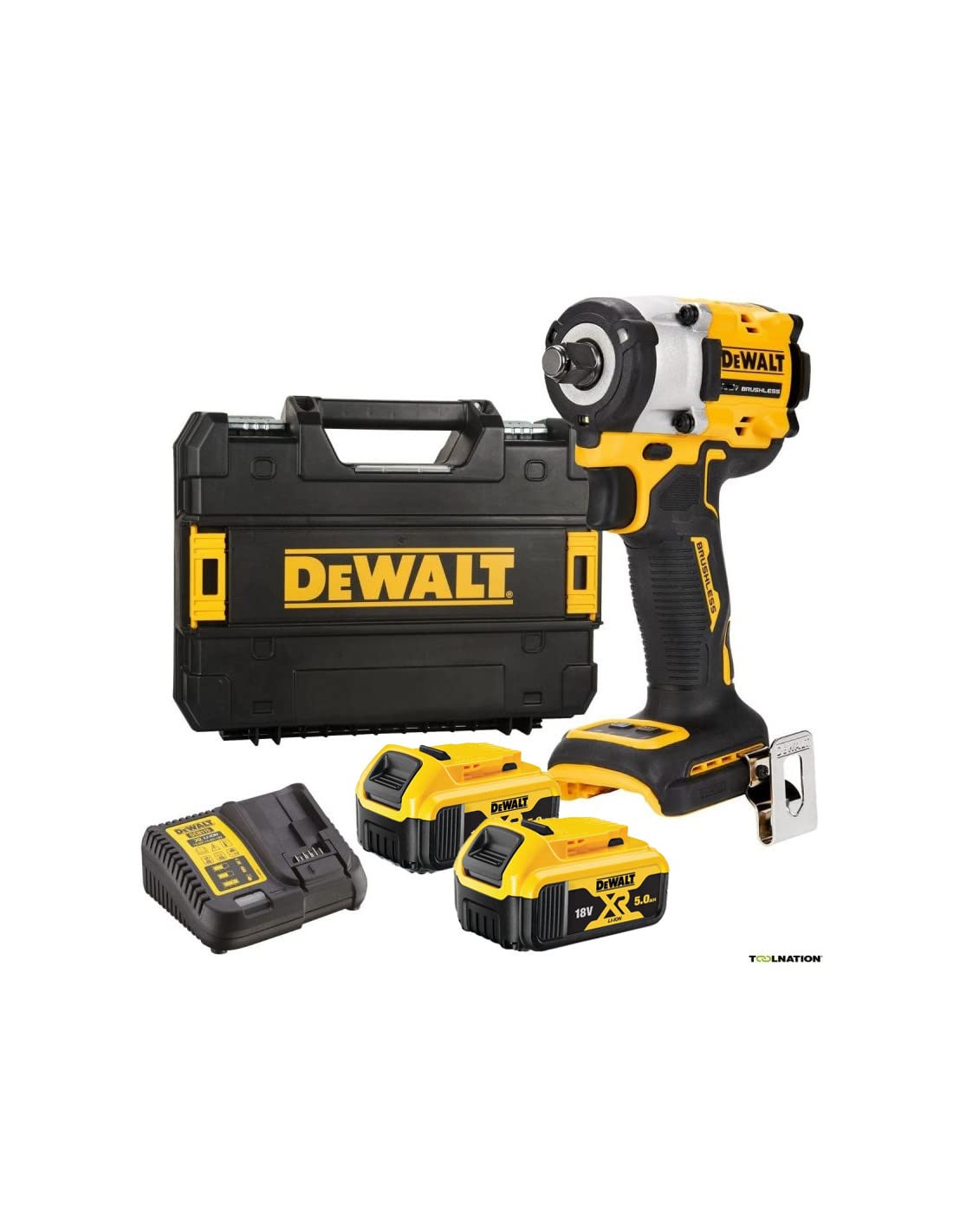 DeWalt Llave Impacto sin escobillas XR 18V 1/2" 406Nm con anillo de retención con 2 baterías Li-Ion 5Ah y maletín TSTAK, Multicolor