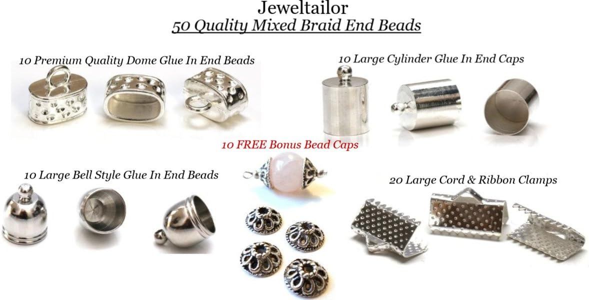JEWELTAILOR NEW! 50 Mixed End Beads With Extra Large Sizes For Kumihimo, Macrame & Braided Designs + Includes 10 Free Bonus Bead Caps