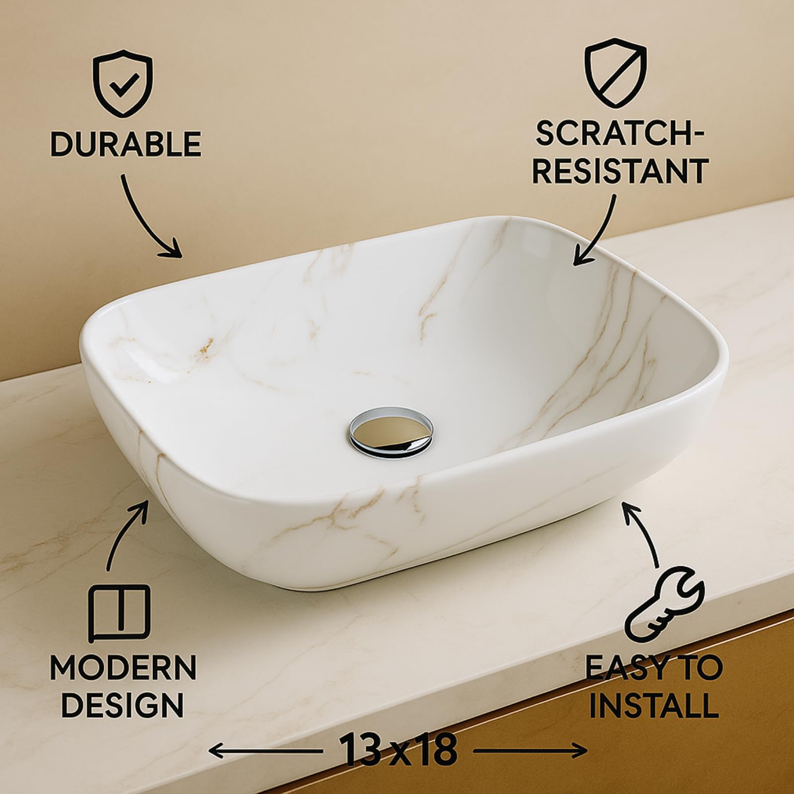 Vivatra Ceramic Tabletop Wash Basin β Glossy Rectangular Countertop Vessel Sink with Marble Finish for Bathroom & Vanity | Compact 18 x 13 x 5 Inch | Elegant Washbasin (VT_WB_LC01_005) 4