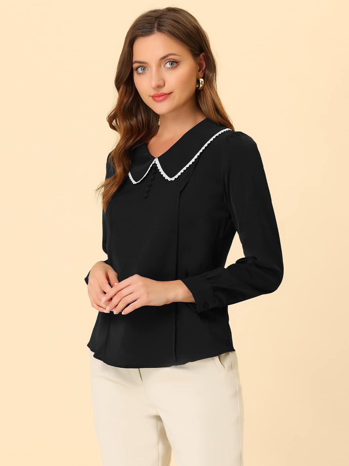 Allegra K Women's Vintage Peter Pan Collar Shirt Cute Lacy Trim Long Sleeve Blouse - Image 3