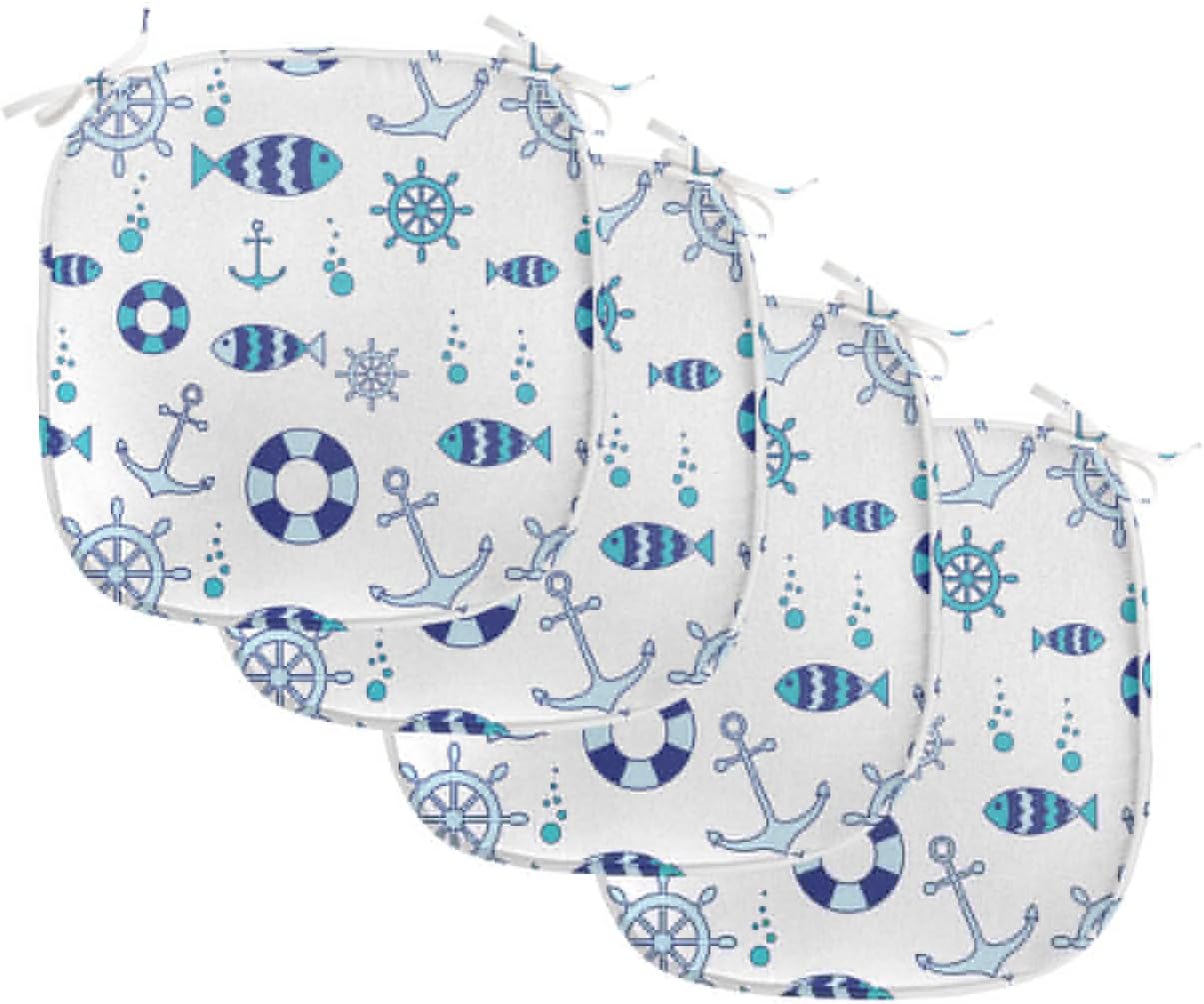 Lunarable Sea Animals Chair Seating Cushion Set of 4, Abstract Nautical Composition Fish Steering Wheel Anchor and Bubbles, Anti-Slip Seat Padding for Kitchen & Patio, 16"x16", Navy Blue Aqua White