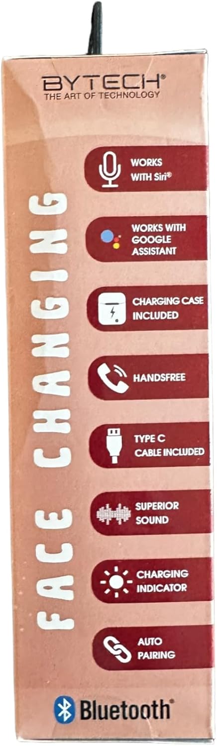 Side view of the Bytech Earbud Headphones packaging, listing features like Siri/Google Assistant compatibility, charging case included, hands-free, Type C cable, superior sound, charging indicator, and auto pairing.
