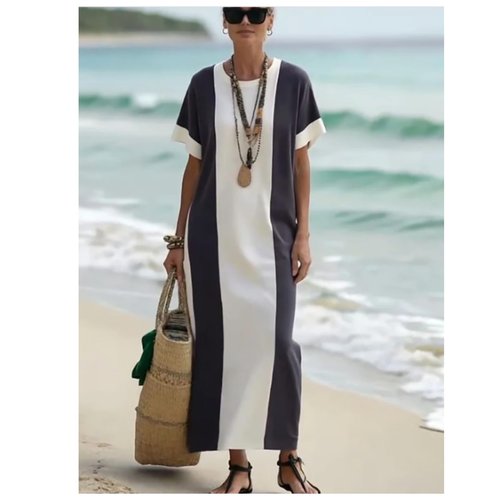 Vestido Suelto de Bloques de Color para Mujeres en la Playa vacacional